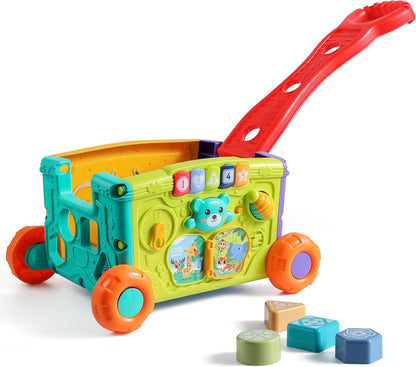 Musical Push Walker Toy for Toddlers 18+ Months - Educational Activity Wagon with Blocks, Learning Walking Assistant with Handle for Boys & Girls
