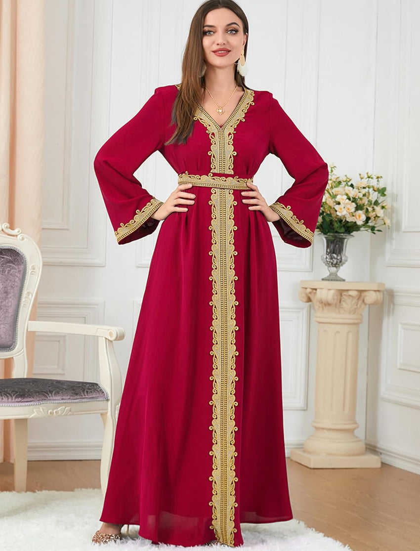 Muslim Kaftan Abaya Moroccan Long Sleeve Dress for Eid Ramadan V Neck Lace Belted Dress Kaftan Dubai Islamic Dress