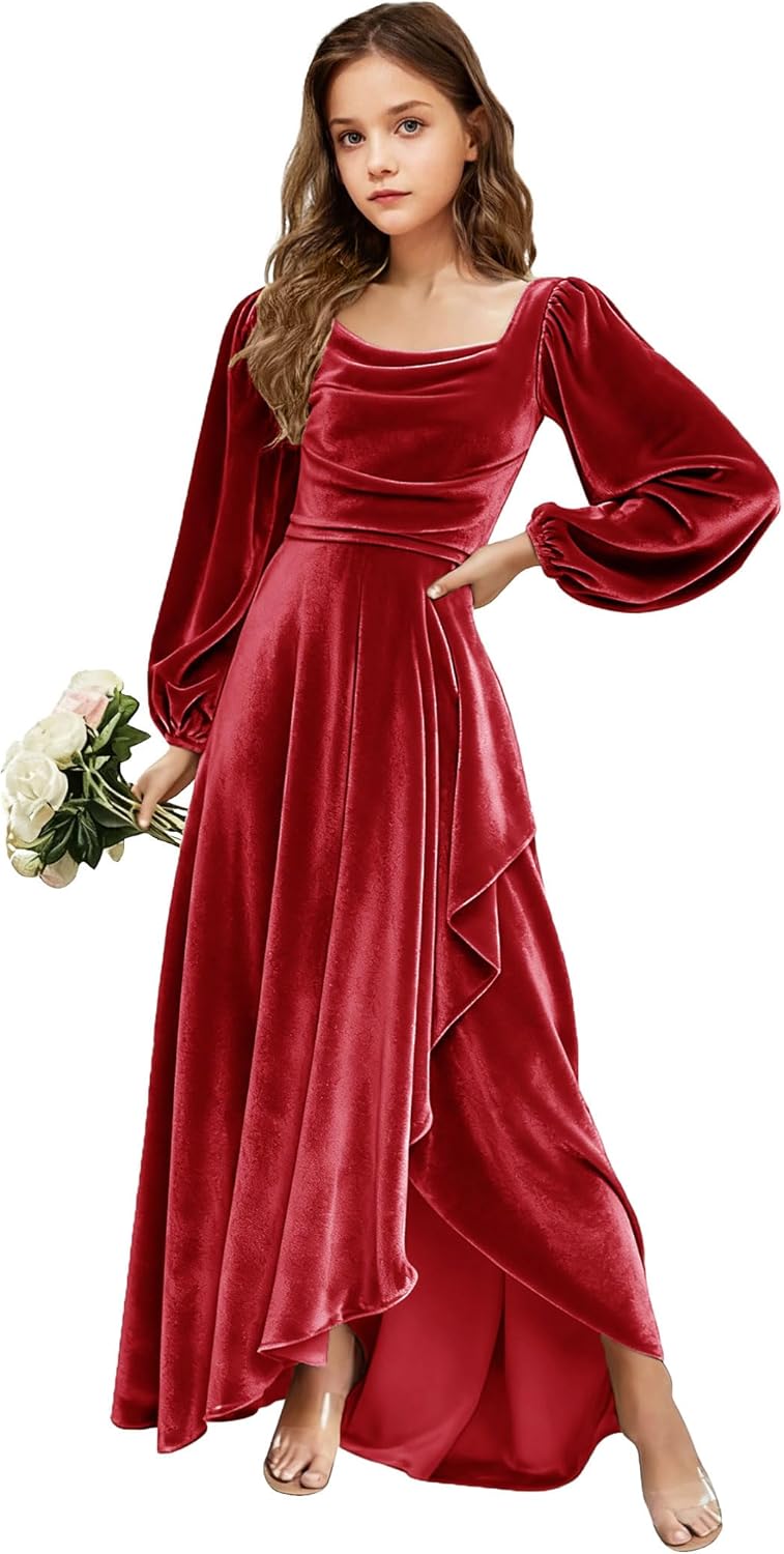Velvet Junior Bridesmaid Dresses Long Sleeve Girls Christmas Dress Flower Girl Dresses Wedding Guest Maxi Party Gown