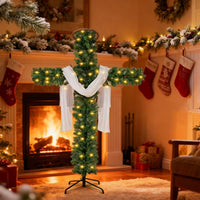 Christmas Tree Shaped Like a Cross, Foldable Cross Christmas Tree, Pre-Lit Artificial Pine Christmas Cross, with Light String, White Scarves and Wooden Rattan Ring, Large Christmas Decorations(5ft)