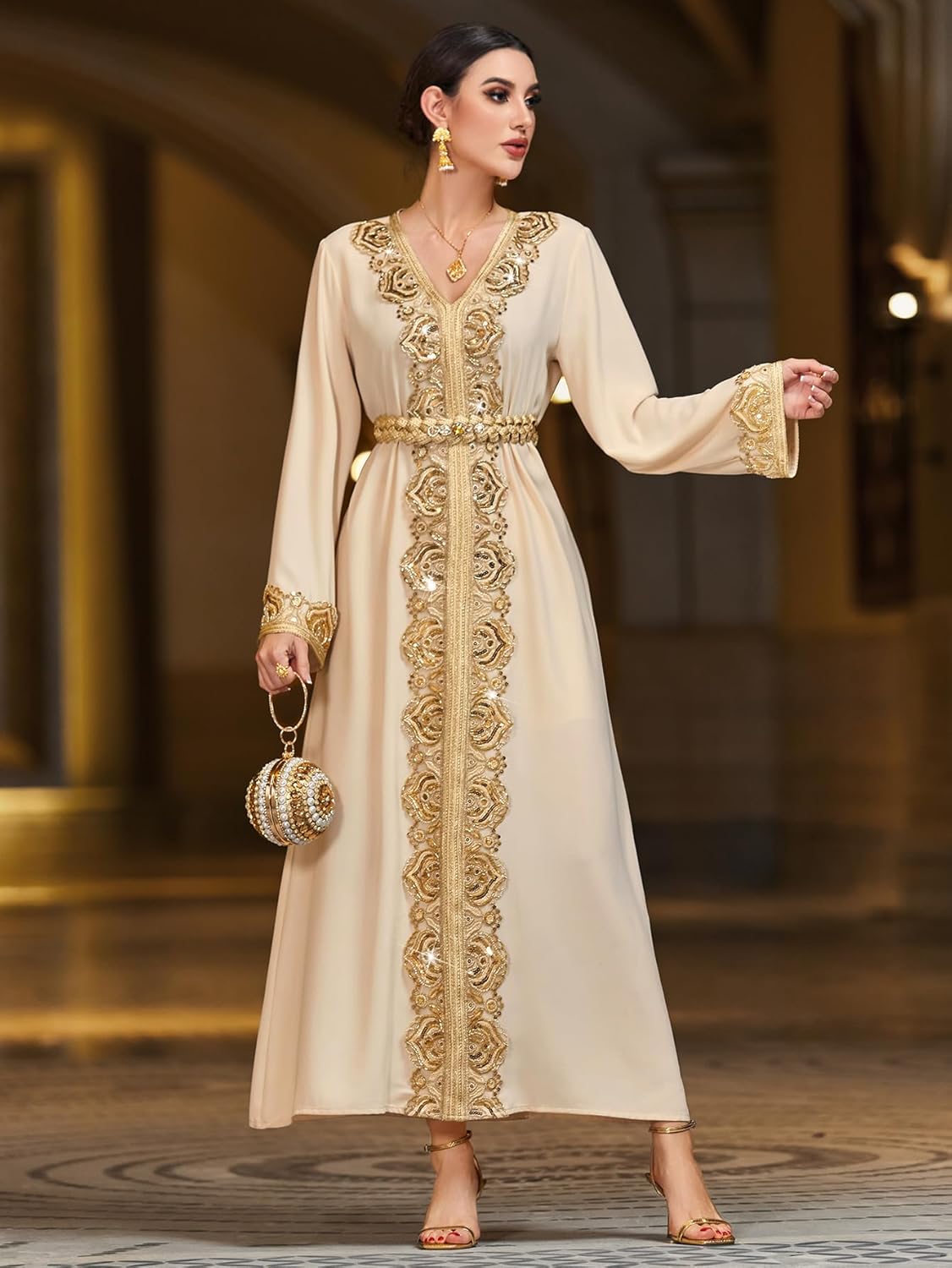 Lace Trim V-Neck Kaftan Dress, Long Sleeve Maxi Dress with Belt, Gold Embroidery Women's Evening Gown