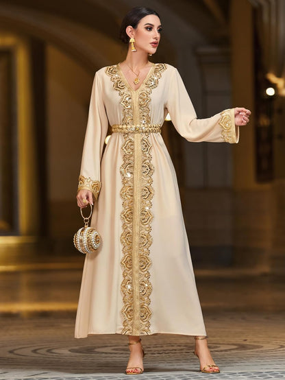 Lace Trim V-Neck Kaftan Dress, Long Sleeve Maxi Dress with Belt, Gold Embroidery Women's Evening Gown