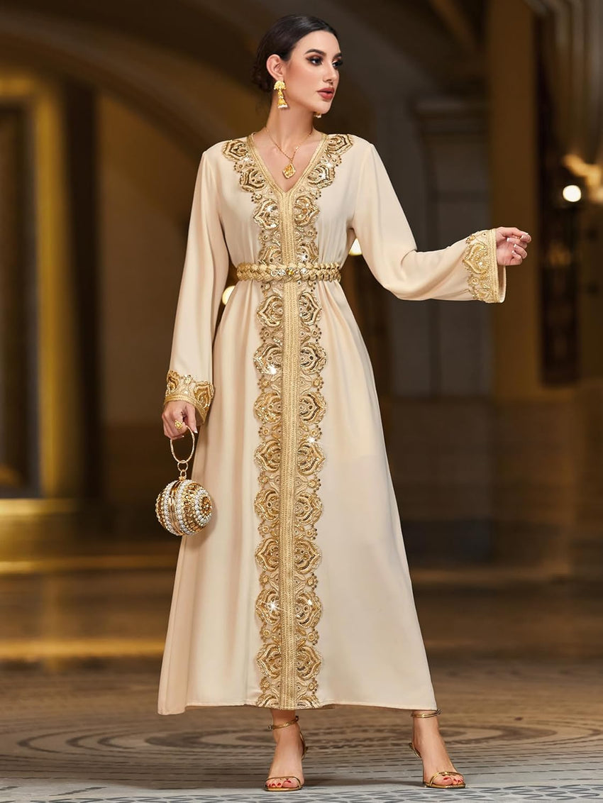 Lace Trim V-Neck Kaftan Dress, Long Sleeve Maxi Dress with Belt, Gold Embroidery Women's Evening Gown
