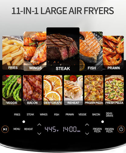 Extra Large Air Fryer,11-IN-1 6 QT 450F Air Fryer with Superior Airflow, Dual Heat Source Technology, Smart Digital Wide Fryer with PFAS Free Basket, Fits a 12" Pizza or 33 Chicken Wings