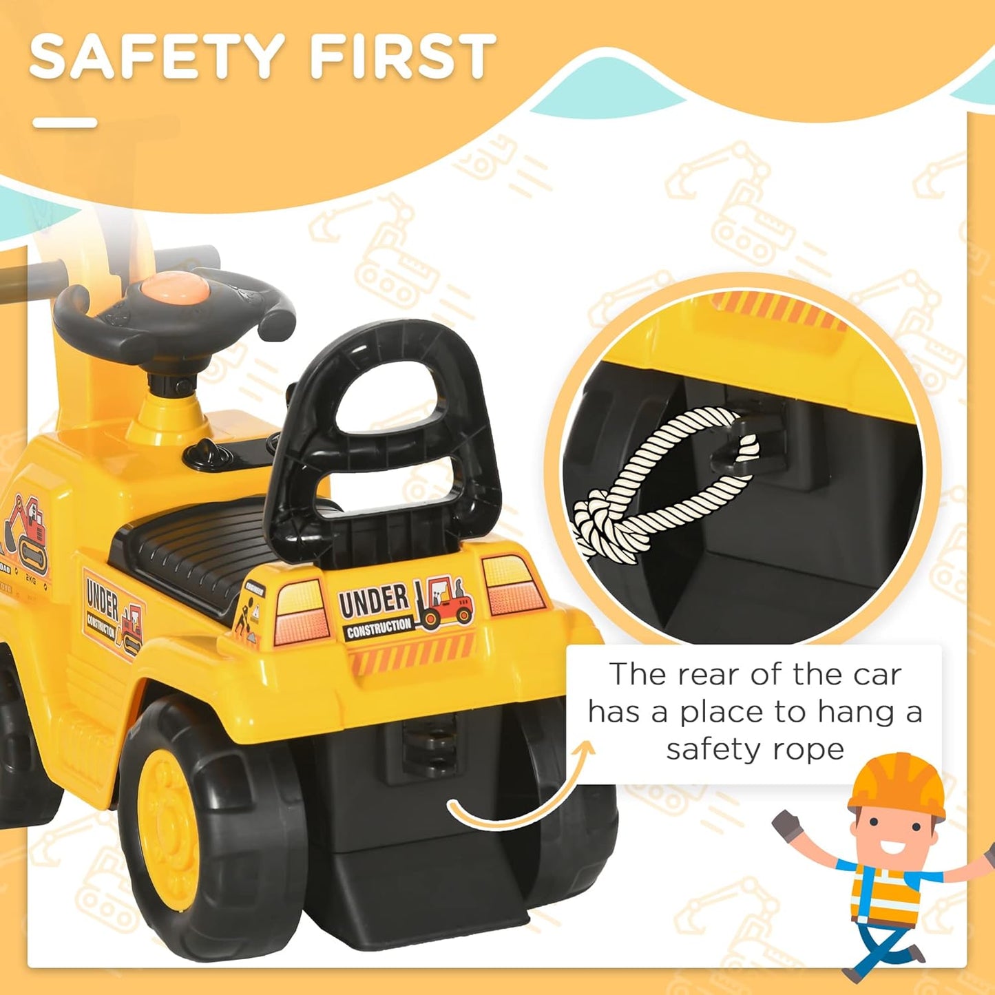 HOMCOM Ride On Excavator Pull Cart, Kids Digger Ride on Truck with Horn, Under Seat Storage, Sit and Scoot Pretend Play Toy Construction Car for Ages 18-48 Months