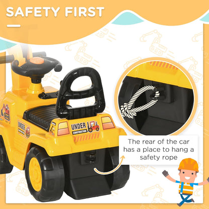 HOMCOM Ride On Excavator Pull Cart, Kids Digger Ride on Truck with Horn, Under Seat Storage, Sit and Scoot Pretend Play Toy Construction Car for Ages 18-48 Months