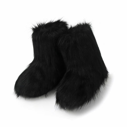 Wnshonzy Fur Boots for Women Snow Furry Fluffy Platform Flat Ankle Mini Boot Winter Round Toe Y2k Comfortable Mid-Calf Short Outdoor 2025