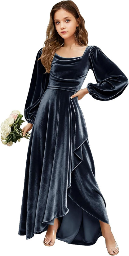 Velvet Junior Bridesmaid Dresses Long Sleeve Girls Christmas Dress Flower Girl Dresses Wedding Guest Maxi Party Gown
