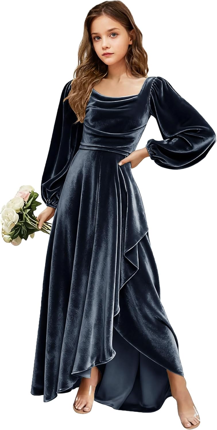 Velvet Junior Bridesmaid Dresses Long Sleeve Girls Christmas Dress Flower Girl Dresses Wedding Guest Maxi Party Gown