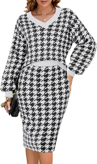 Pink Queen Women's 2 Piece Outfits Set Knit V Neck Batwing Long Sleeve Loose Top Bodycon Midi Skirt Sweater Dresses