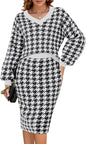 Pink Queen Women's 2 Piece Outfits Set Knit V Neck Batwing Long Sleeve Loose Top Bodycon Midi Skirt Sweater Dresses