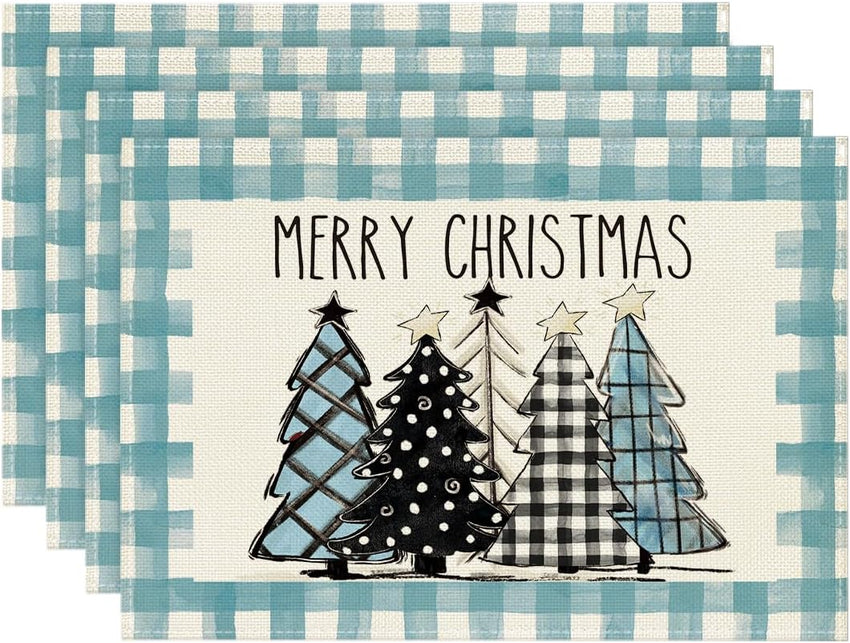 Artoid Mode Waterclor Buffalo Plaid Christmas Trees Placemats Set of 4, 12x18 Inch Winter Table Mats for Outdoor Home Party Kitchen Dining Decor