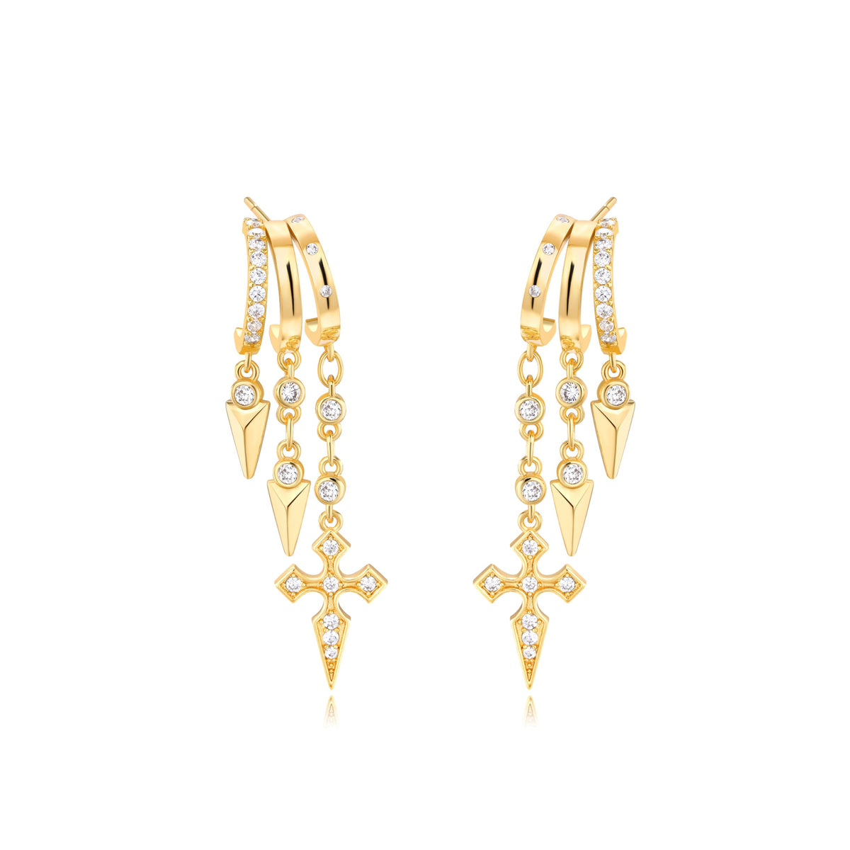Gold Dangle Earrings for Women, 14k Gold Plated Stacked Triple Hoop Illusion Earrings Cubic Zirconia Huggie Earrings for Women Trendy