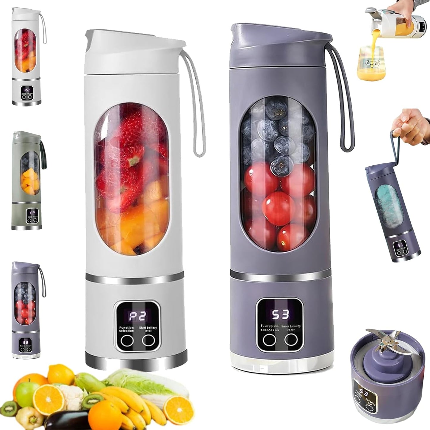 Digital Multimode Juicer Blender, Portable Blender Personal Electric,500ml Portable Juicer For Shakes And Smoothies, Best For Home & Travel (2PCS White Army Green)
