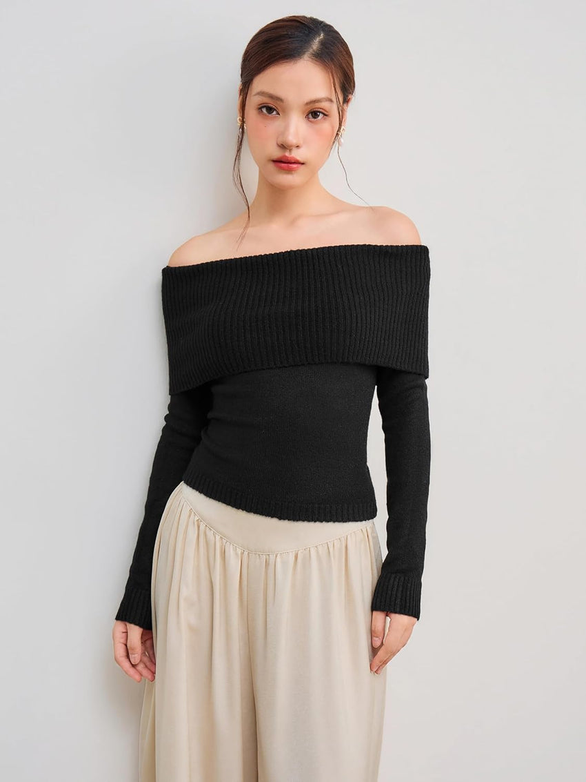 CIDER Women’s Off Shoulder Knitted Long Sleeve Tops Fall Pullover Sweater