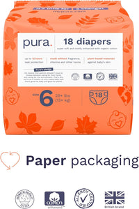 Pura Size 6 Eco-Friendly Diapers (29+ lbs) Hypoallergenic, Soft Organic Cotton, Sustainable, up to 12 Hours Leak Protection, Allergy UK, Recyclable Paper Packaging, 18 Count (Pack of 3) (54 Diapers)