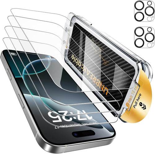 UNBREAKcable for iPhone 16 Pro Screen Protector 4+2 Pack [9H+ Military-Grade Shatterproof] [Effortless Bubble-Free Installation] Ultra HD Clarity Tempered Glass with Lens Protector, Case friendly