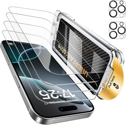 UNBREAKcable for iPhone 16 Pro Screen Protector 4+2 Pack [9H+ Military-Grade Shatterproof] [Effortless Bubble-Free Installation] Ultra HD Clarity Tempered Glass with Lens Protector, Case friendly