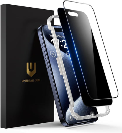 UNBREAKcable 2PCS Screen Protector for iPhone 16-1 Privacy Tempered Glass+1 Clear Glass Double Shatterproof [Easy Installation Frame] [9H Hardness] [Case Friendly] Anti-Scratch for iPhone 6.1 inch