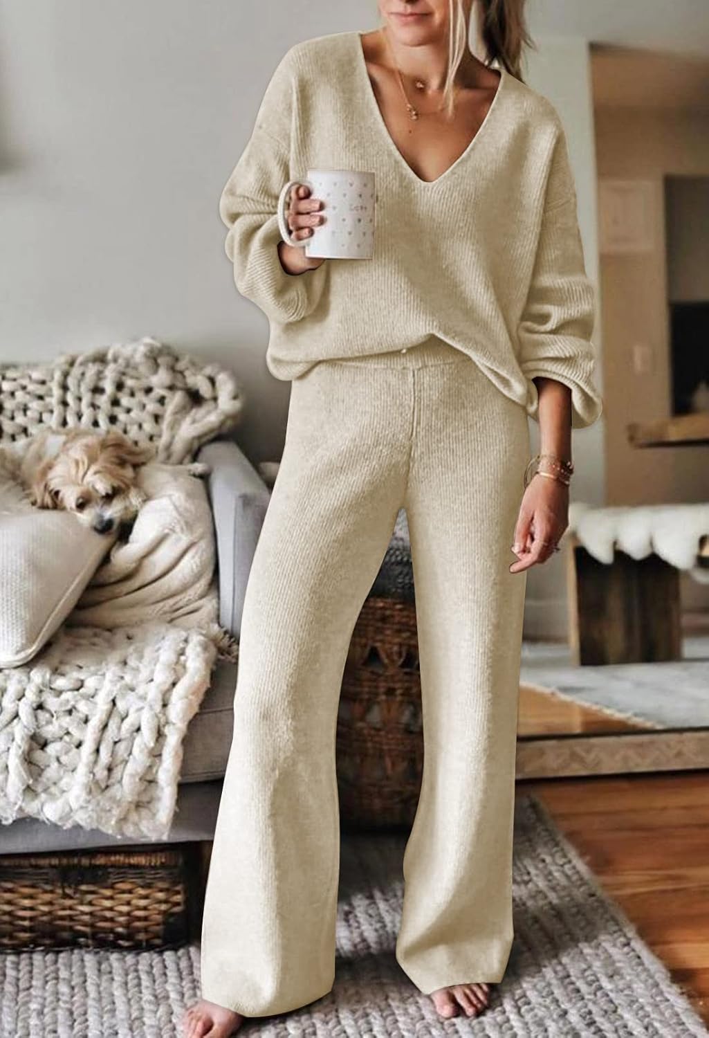 Viottiset Women's 2 Piece Outfits Casual V Neck Knit Wide Leg Sweater Lounge Set Sweatsuit