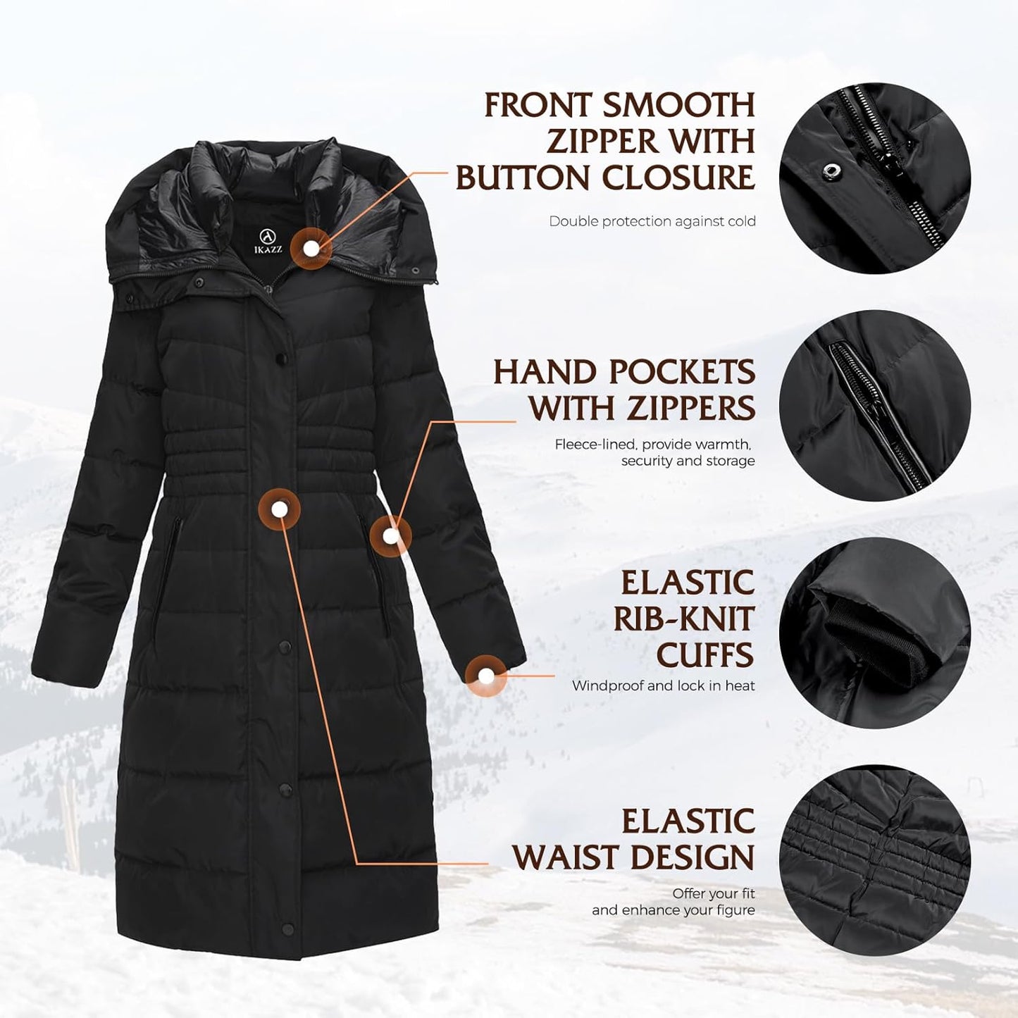 IKAZZ Women's Winter Coats, Thickened Warm Insulated Vegan Down Long Parka Jacket with Hood