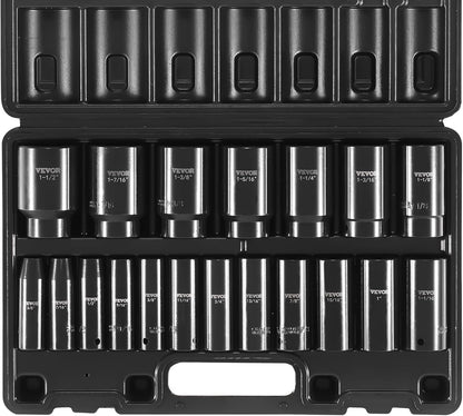 VEVOR 1/2" Drive Impact Socket Set, 65 Piece SAE 3/8" to 1-1/4" and Metric 10-24mm, 6 Point Cr-V Alloy Steel for Auto Repair, Easy-to-Read Size Markings, Rugged Construction, Storage Case