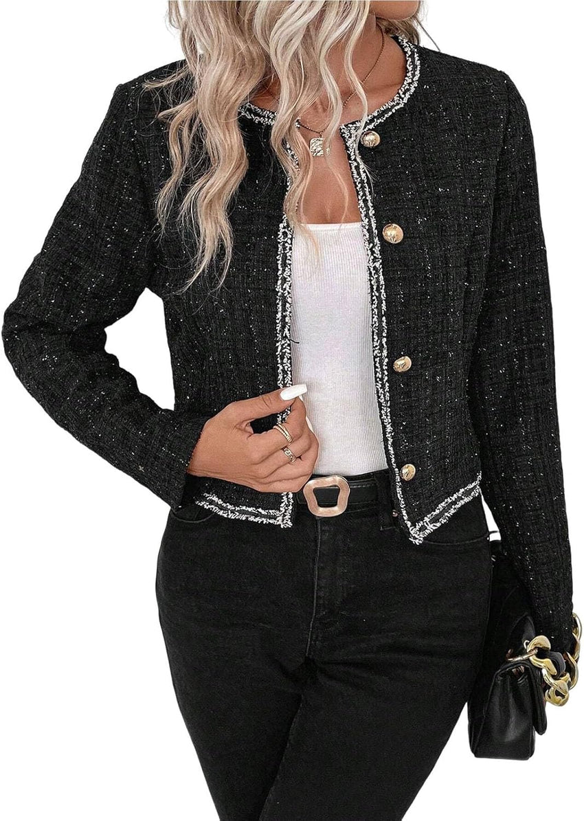 Cropped Jacket Tweed Blazers for Women Black Fall Winter 2023 Blazer Business Casual Womens Blazer Warm Coat Fashion Fitted Slim Suit Jackets Coat Black XXL