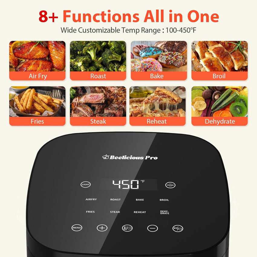Air Fryer, Beelicious 8-in-1 Smart Compact 4QT Air Fryers, with Viewing Window, Shake Reminder, 450°F Digital Airfryer with Flavor-Lock Tech, Dishwasher-Safe & Nonstick, Fit for 1-3 People, Black