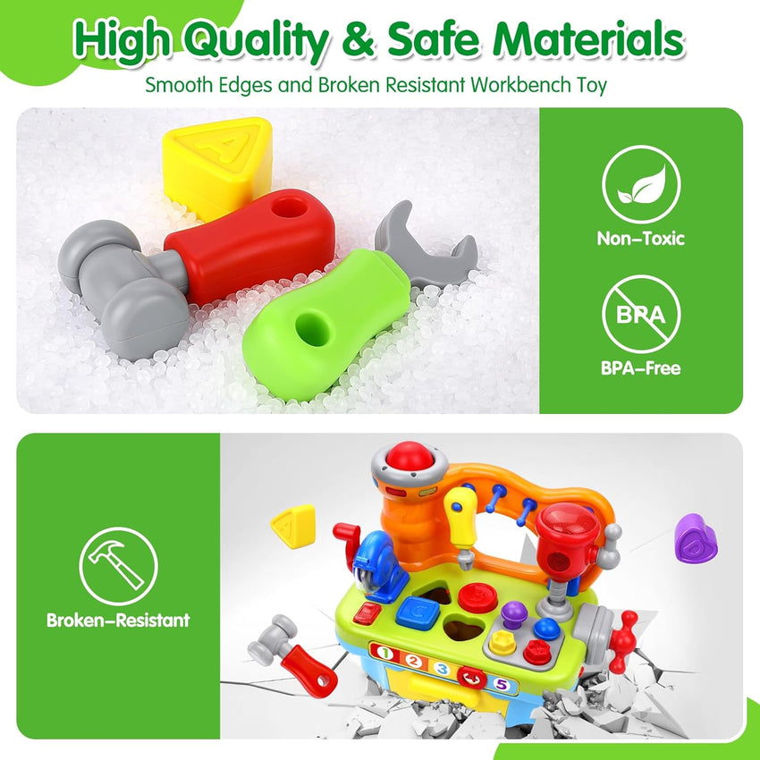 Toys for 1 Year Old Boy, Musical Toddler Tool Bench, Montessori Educational Toys with Sound Lights Effect, Shape Sorter, One Year Old Boy Birthday Gift, Engineer Pretend Play Workbench