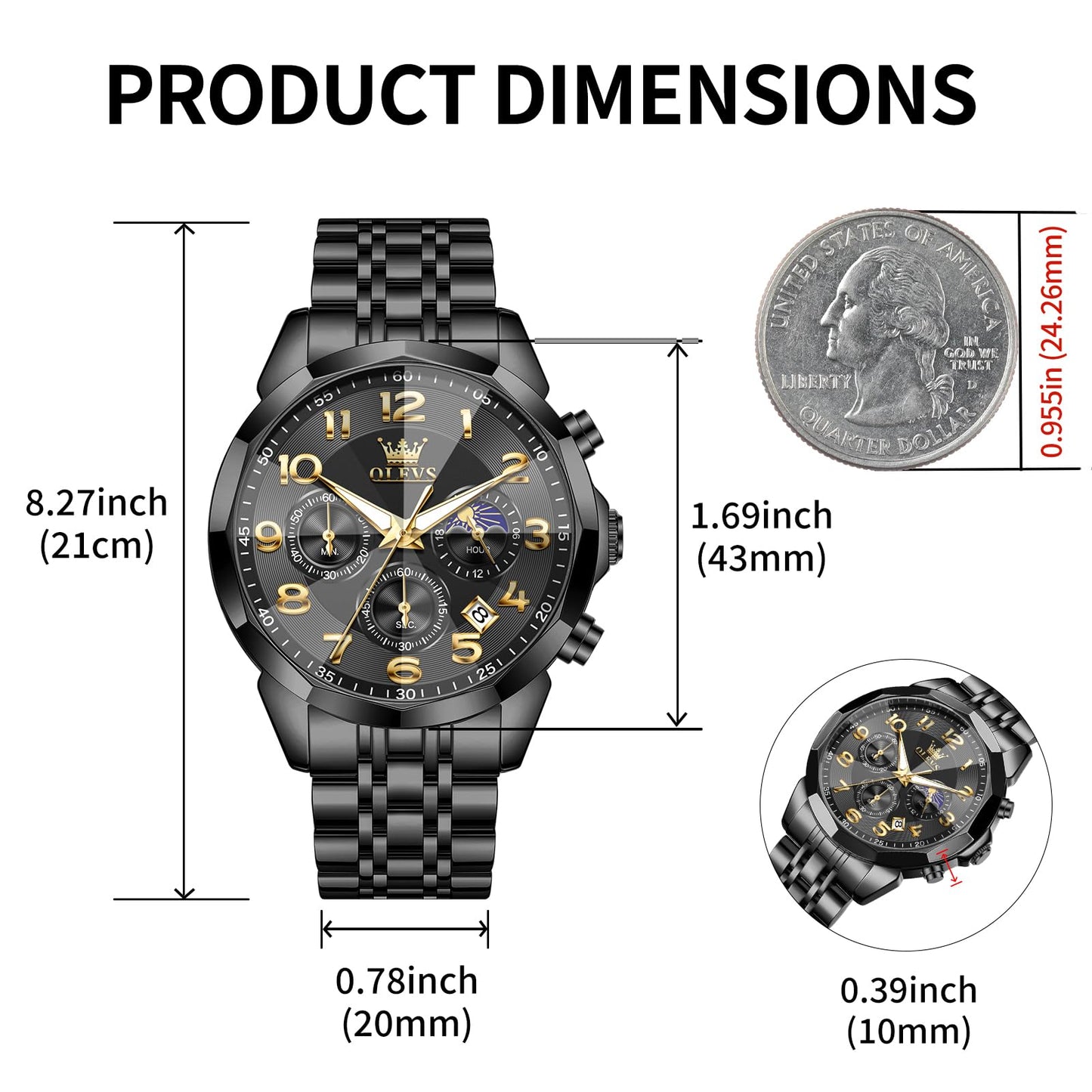 OLEVS Watches Men Luxury Chronograph Moon Phase Waterproof Luminous Watches for Men Analog Quartz Calendar Stainless Steel Strap Wrist Watches-(Black/Blue/Gold/Grey/Silver Face)