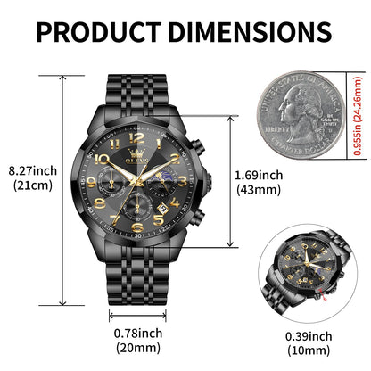 OLEVS Watches Men Luxury Chronograph Moon Phase Waterproof Luminous Watches for Men Analog Quartz Calendar Stainless Steel Strap Wrist Watches-(Black/Blue/Gold/Grey/Silver Face)