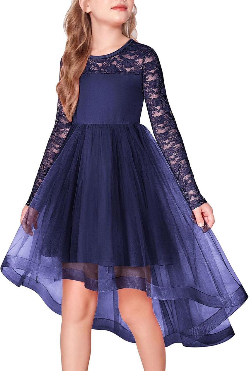 Arshiner Flower Girl Lace Tutu Dresses High Low Hem Long Sleeve Flowy Formal Party Wedding Dress
