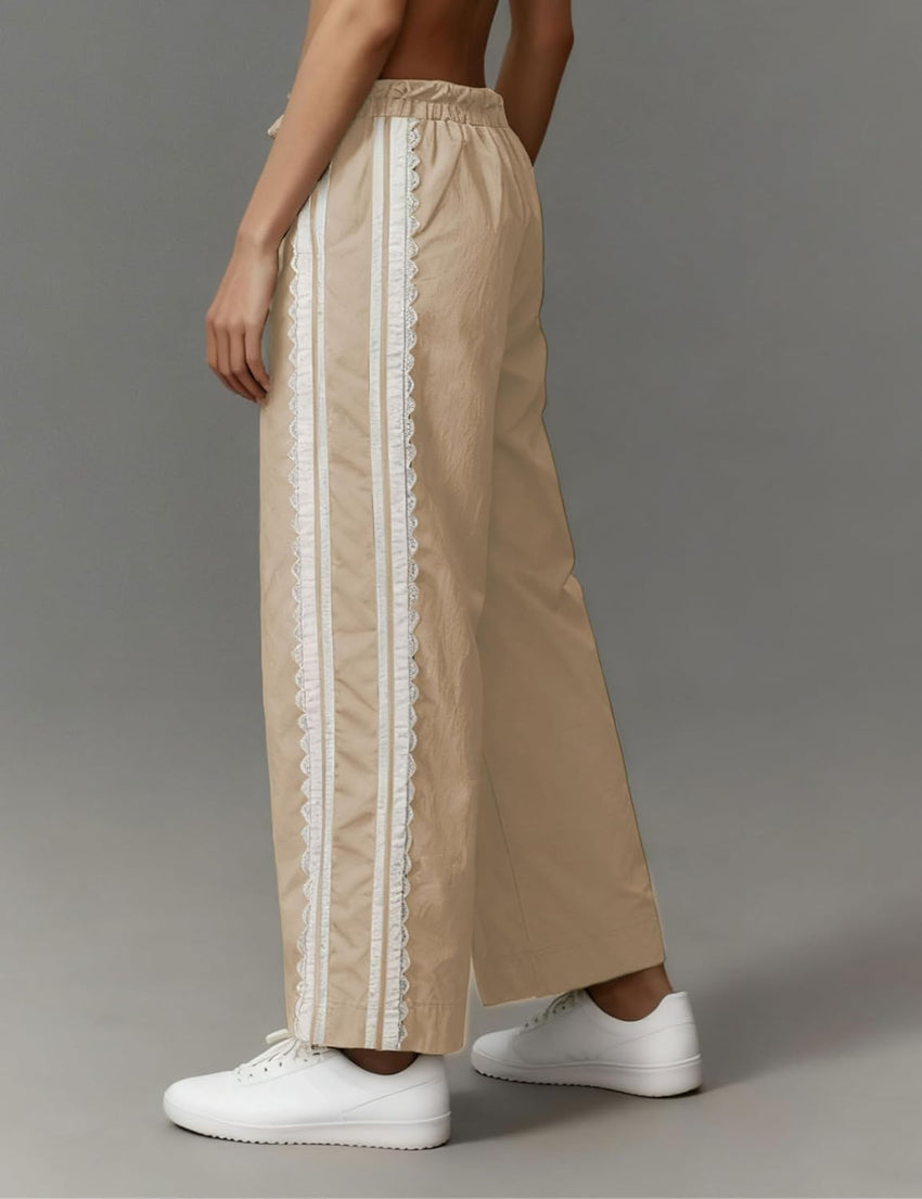 Women Baggy Track Pants Lace Side Stripe Drawstring Elastic Waist Wide Leg Parachute Pants with Pockets