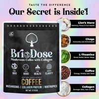 Briodose Adaptogenic Mushroom Coffee with Grass-Fed Collagen, Lion’s Mane, Chaga & L-Theanine – 45mg Caffeine for Jitter-Free, Focus, Energy, Immunity & Glowing Skin/Hair – 30 Servings NSF Certified