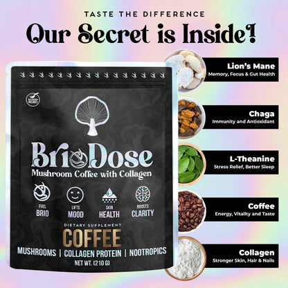 Briodose Adaptogenic Mushroom Coffee with Grass-Fed Collagen, Lion’s Mane, Chaga & L-Theanine – 45mg Caffeine for Jitter-Free, Focus, Energy, Immunity & Glowing Skin/Hair – 30 Servings NSF Certified