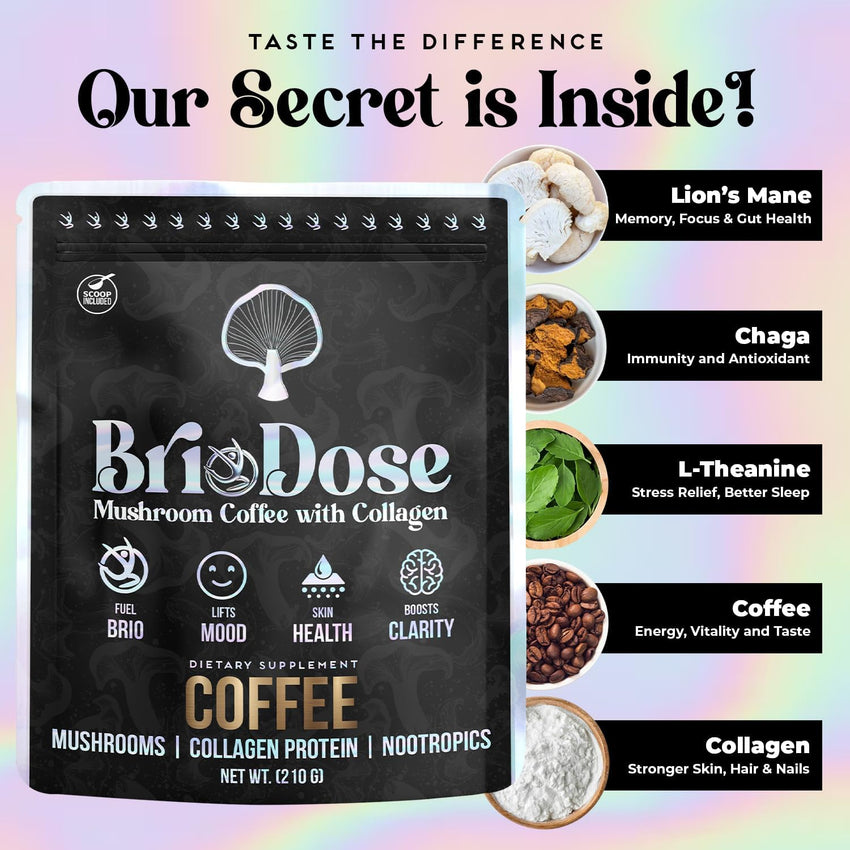 Briodose Adaptogenic Mushroom Coffee with Grass-Fed Collagen, Lion’s Mane, Chaga & L-Theanine – 45mg Caffeine for Jitter-Free, Focus, Energy, Immunity & Glowing Skin/Hair – 30 Servings NSF Certified