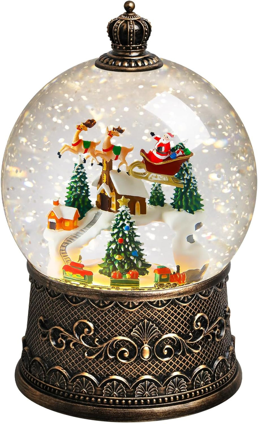 Train Snow Globe Christmas Snow Globe Lantern with Auto 6H Timer and Manual Glitter, Lighted Christmas Decorations Indoor with Santa Claus Reindeer Tree for Home Tabletop, Battery Operated
