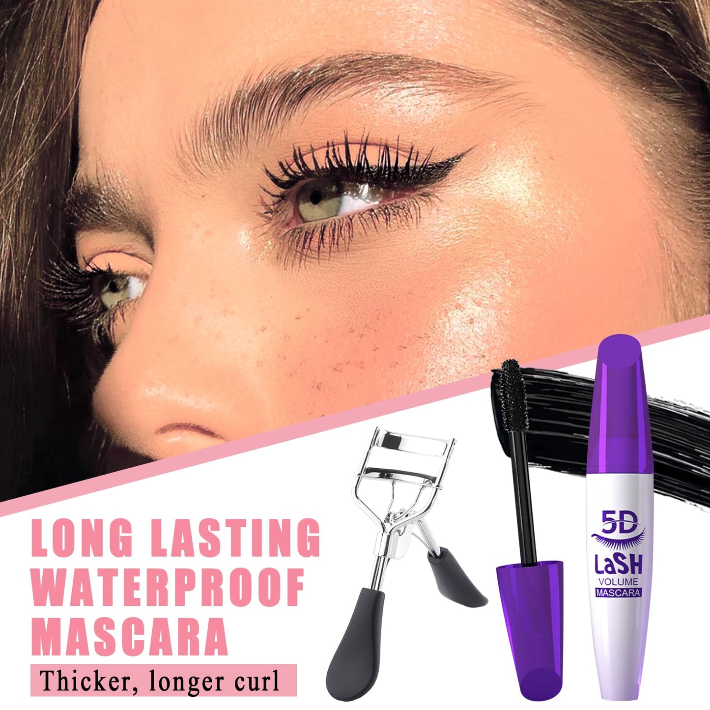 Black Telescopic Mascara Set,3PCS Black Mascara Volume and Length for Eye Makeup,Waterproofing No Clumping Tubing Mascara,No Smudging Curly Black Mascara with Eyelash Curler