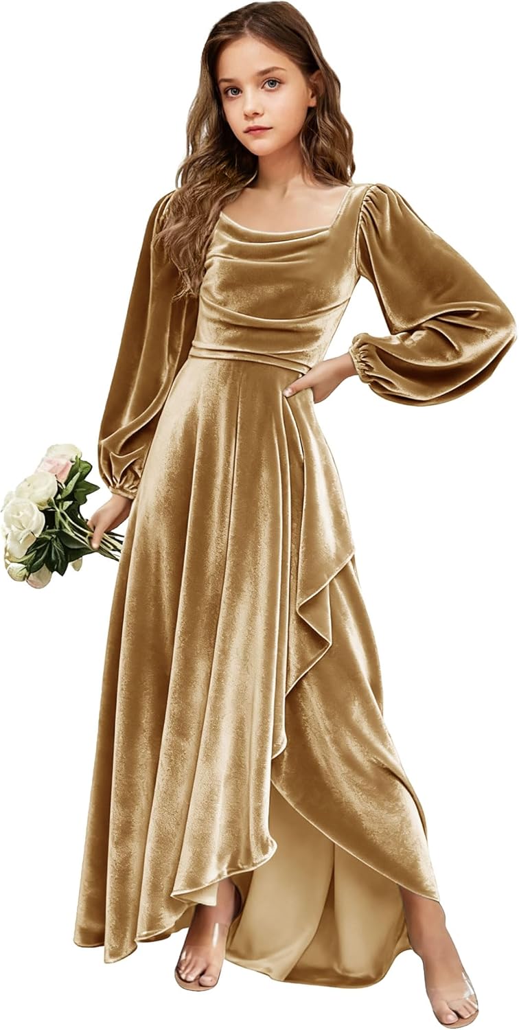 Velvet Junior Bridesmaid Dresses Long Sleeve Girls Christmas Dress Flower Girl Dresses Wedding Guest Maxi Party Gown