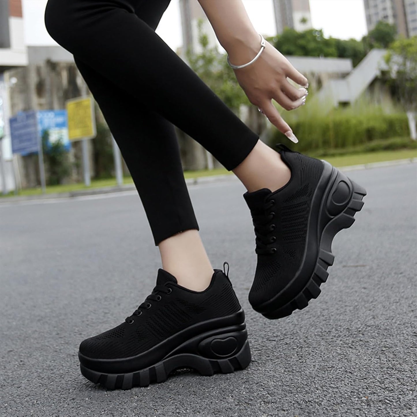 Women's Chunky Platform Comfort Orthopedic Wedge Walking Shoes Fashion Knitted Breathable Lace Up Lug Sole Casual Non-Slip Running Shoes with Arch Support