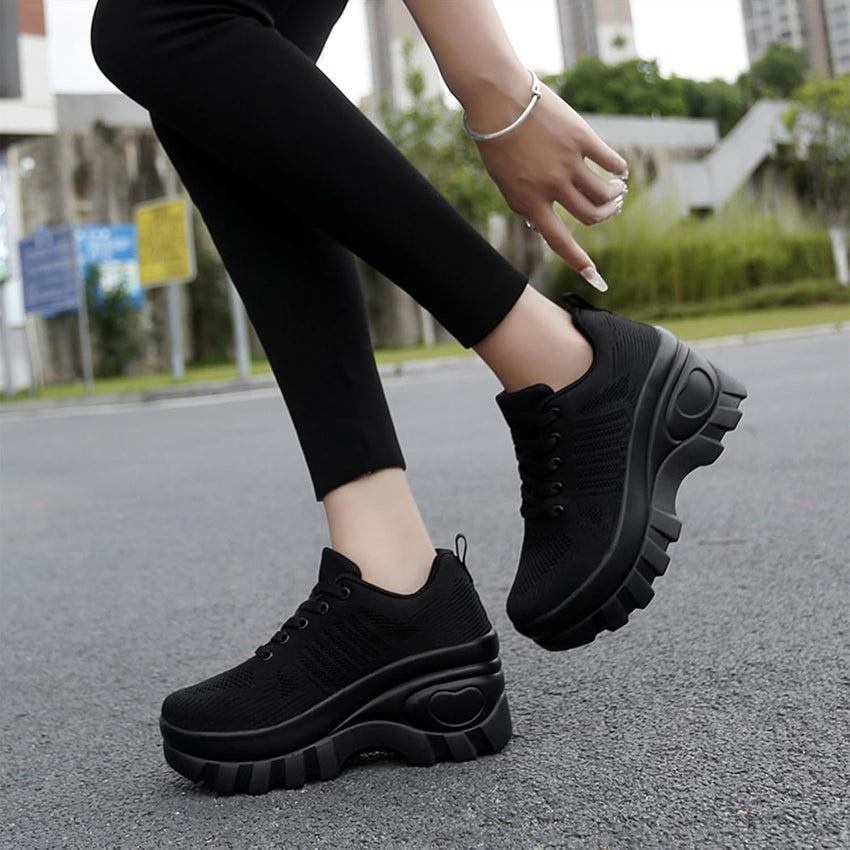 Women's Chunky Platform Comfort Orthopedic Wedge Walking Shoes Fashion Knitted Breathable Lace Up Lug Sole Casual Non-Slip Running Shoes with Arch Support