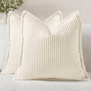 decorUhome Christmas Corduroy Cream White Throw Pillow Covers 18x18 Set of 2 Decorative Soft Boho Farmhouse Euro Couch Pillow Covers for Living Room Bed Sofa Broadside Striped Pillow Cases
