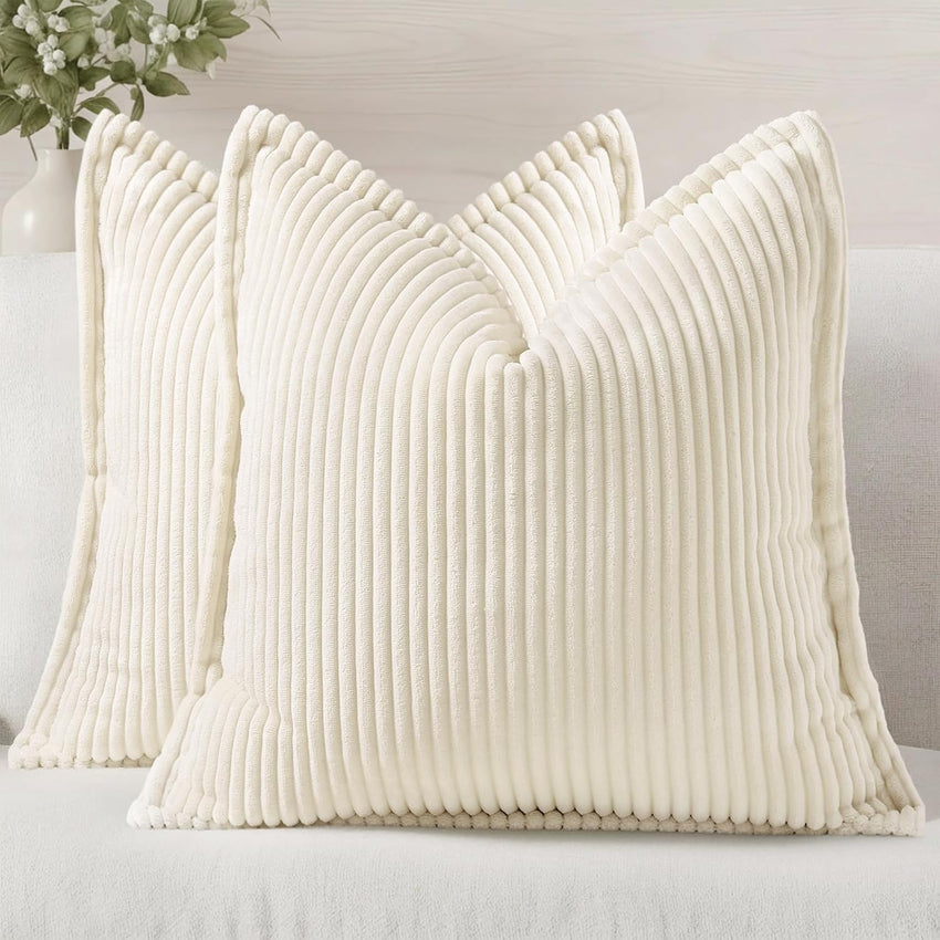 decorUhome Christmas Corduroy Cream White Throw Pillow Covers 18x18 Set of 2 Decorative Soft Boho Farmhouse Euro Couch Pillow Covers for Living Room Bed Sofa Broadside Striped Pillow Cases