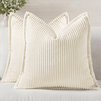 decorUhome Christmas Corduroy Cream White Throw Pillow Covers 18x18 Set of 2 Decorative Soft Boho Farmhouse Euro Couch Pillow Covers for Living Room Bed Sofa Broadside Striped Pillow Cases