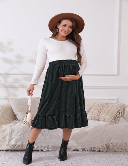 FUNJULY Maternity Dress Women's High Waist Floral Print Pleated Maxi Skirt Casual Flowy Swing A Line Long Skirts BlackPurple L