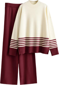 Tanming Women's Lounge Sets 2 Piece Outfits Knitted Pullover Sweater Tops Wide Leg Pants Tracksuit