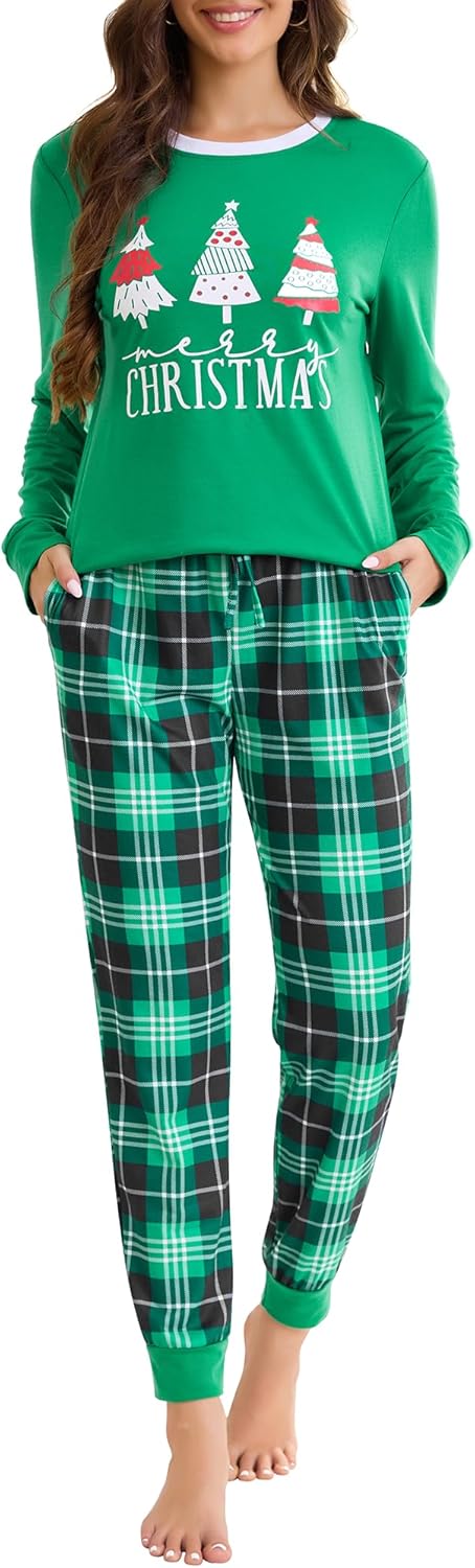 difficort Womens Christmas Pajamas Long Sleeve Pj Set Soft Plaid Pants Sleepwear with Pockets