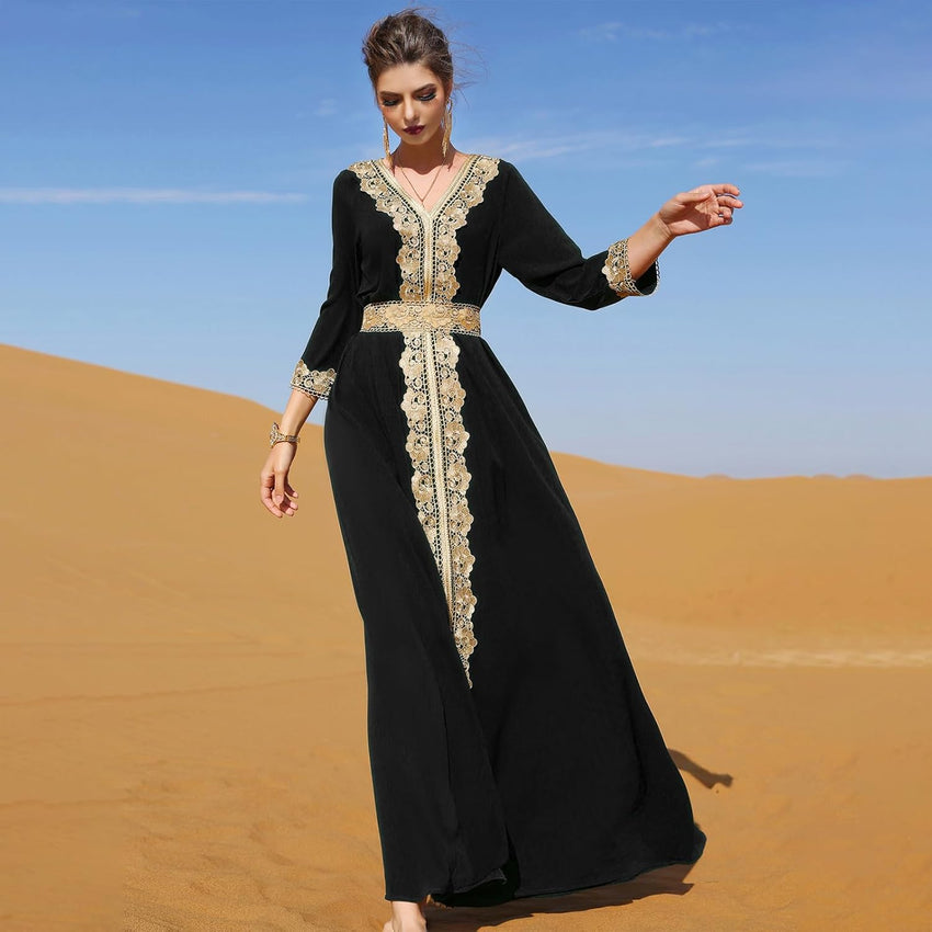 IDOPIP Embroidery Abayas for Women Muslim Moroccan Floral Maxi Kaftan Dress Arabic Islamic Dubai Robe Ramadan Prayer Clothes
