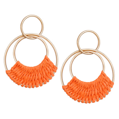 Raffia Hoop Earrings for Women Fun Boho Summer Beach Earrings Lightweight Handmade Straw Wicker Rattan Dangle Earrings Statement Geometric Round Drop Earrings
