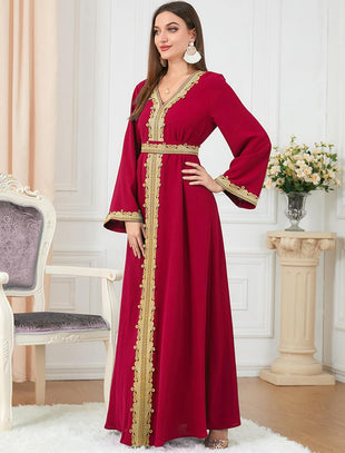 Muslim Kaftan Abaya Moroccan Long Sleeve Dress for Eid Ramadan V Neck Lace Belted Dress Kaftan Dubai Islamic Dress